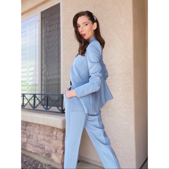 💙SOLD ZARA 2 PIECE ✨NWT✨ Powder Blue Pantsuit Lapeless Blazer & Belted Pants - Picture 4 of 9